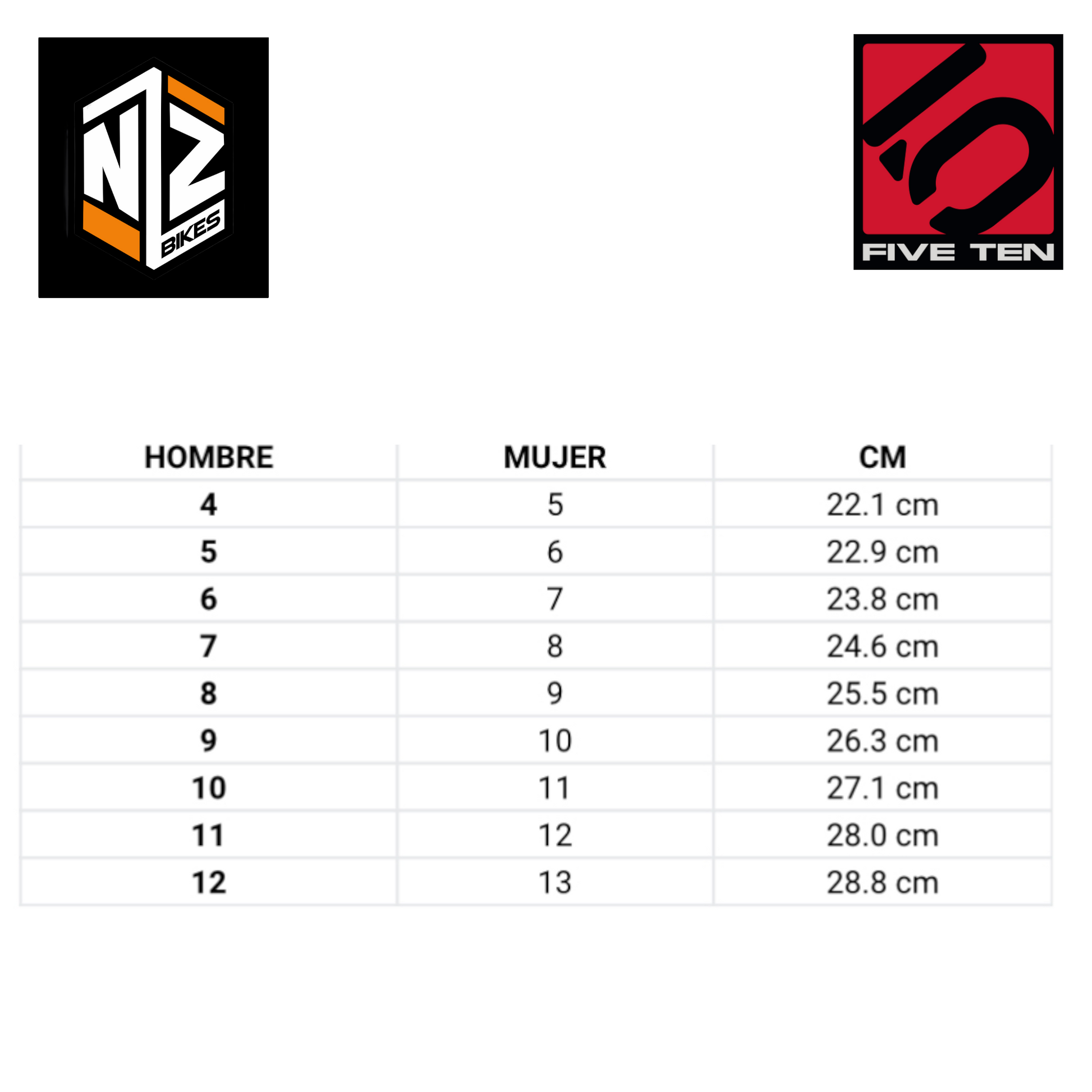Five ten size chart cm on sale